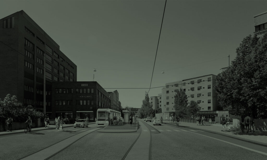 Havainnekuvassa raitiovaunu uudistetulla Kaupintiellä