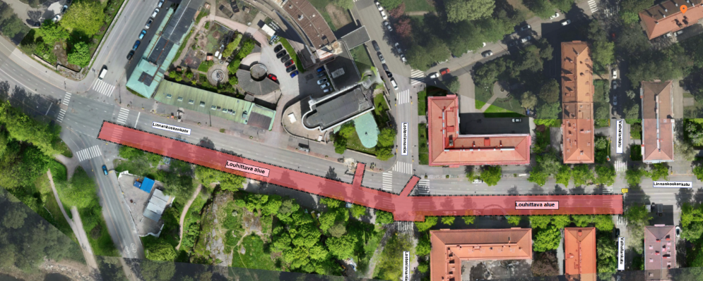 Linnankoskenkadun louhinta-alue ilmakuvassa. Linnankoskenkatu välillä Stenbäckinkatu - Valhallankatu.