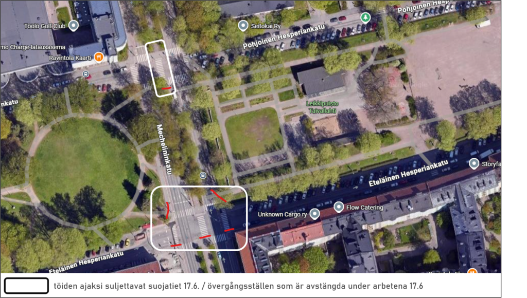 Töiden ajaksi 17.6. suljettavat suojatiet Eteläisellä Hesperiankadulla ja Mechelininkadulla.
