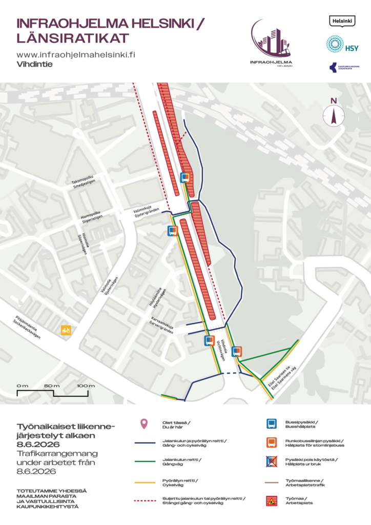 LR08-opaskartta-vaihe-1.1-vihdintie-etelä Karttakuva Vihdintien liikennejärjestelyistä välillä Vihdintien silta - Karvaamokuja. Kartta esittää, että keskellä Vihdintietä on työalueita sekä Vihdintien reunassa myös.
