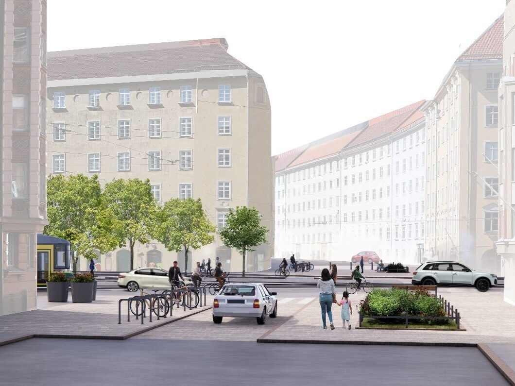 Havainnekuva Museokadun itäsuunnasta Runeberginkadun poikki.