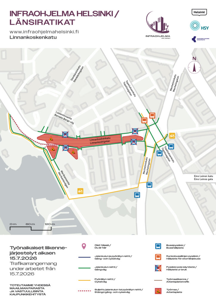 Linnankoskenkadun ympäristön uudet liikennejärjestelyt 15.7. alkaen.