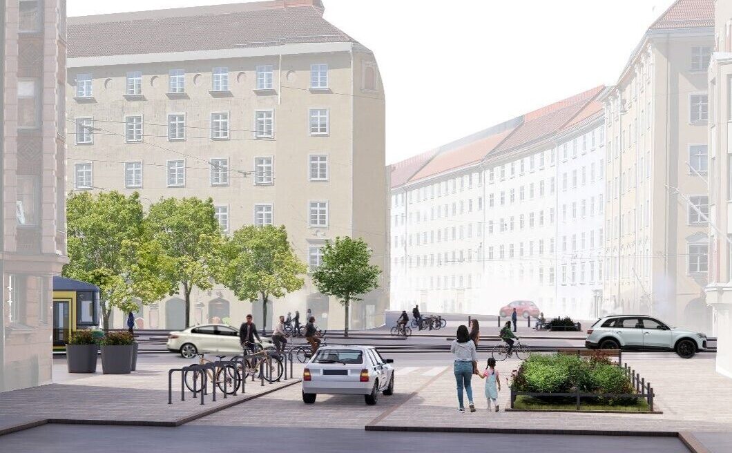 Havainnekuva Museokadun itäsuunnasta Runeberginkadun poikki.